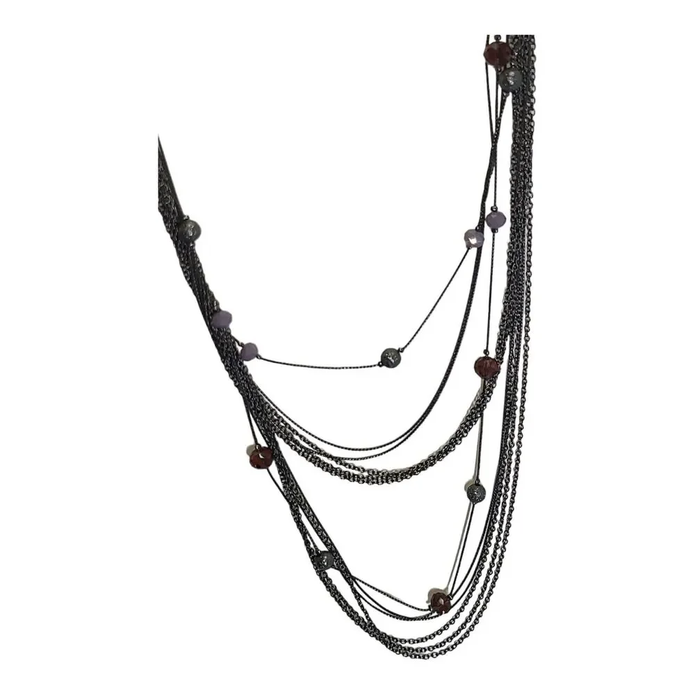 Gunmetal & Purple Crystal Bead‎ Multi Strand Station Necklace 26-28